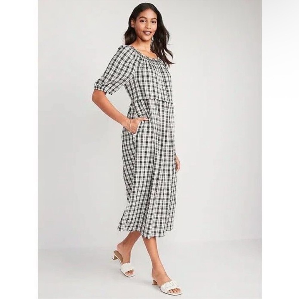 Old Navy Dress Womens XL Black Plaid Gingham Smocked Prairie Pockets Cottage
